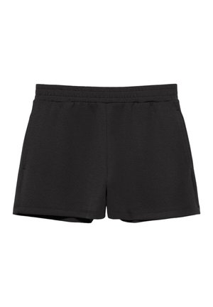 Čierne šortky s elastickým pásom a bočnými vreckami, vyrobené z mäkkej, ľahkej látky, navrhnuté na bežné alebo športové nosenie.