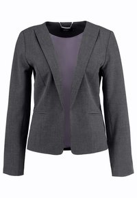 Blazer grigio con maniche lunghe, apertura frontale, revers affilati e due tasche frontali. Realizzato in un tessuto liscio e testurizzato con una vestibilità su misura.