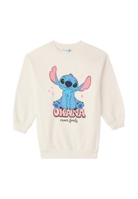 Kremowy sweatshirt z niebieską postacią z kreskówki, z różowymi akcentami i napisem "OHANA oznacza rodzinę" w pogrubionej czcionce.