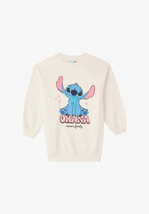 Kremowy sweatshirt z niebieską postacią z kreskówki, z różowymi akcentami i napisem "OHANA oznacza rodzinę" w pogrubionej czcionce.