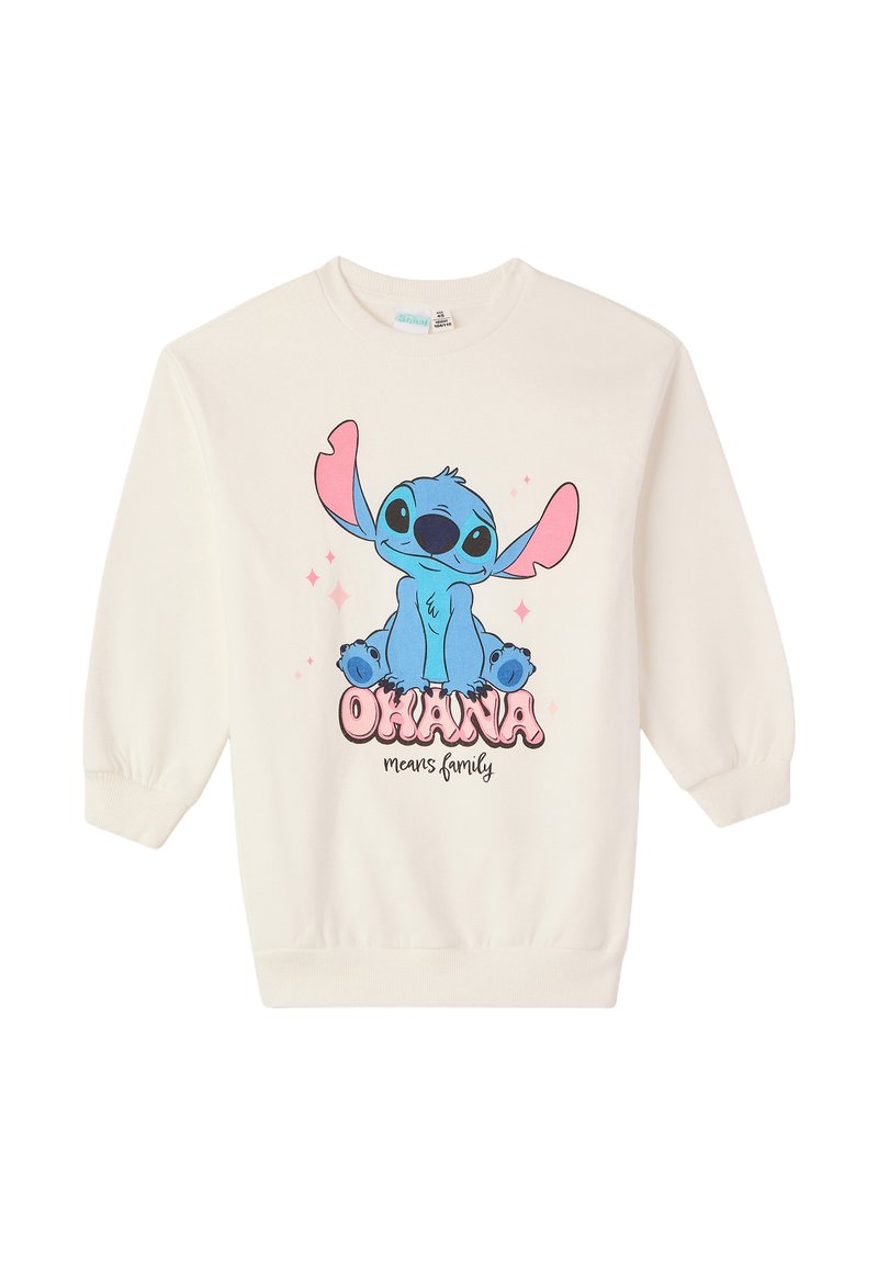 Kremowy sweatshirt z niebieską postacią z kreskówki, z różowymi akcentami i napisem "OHANA oznacza rodzinę" w pogrubionej czcionce.