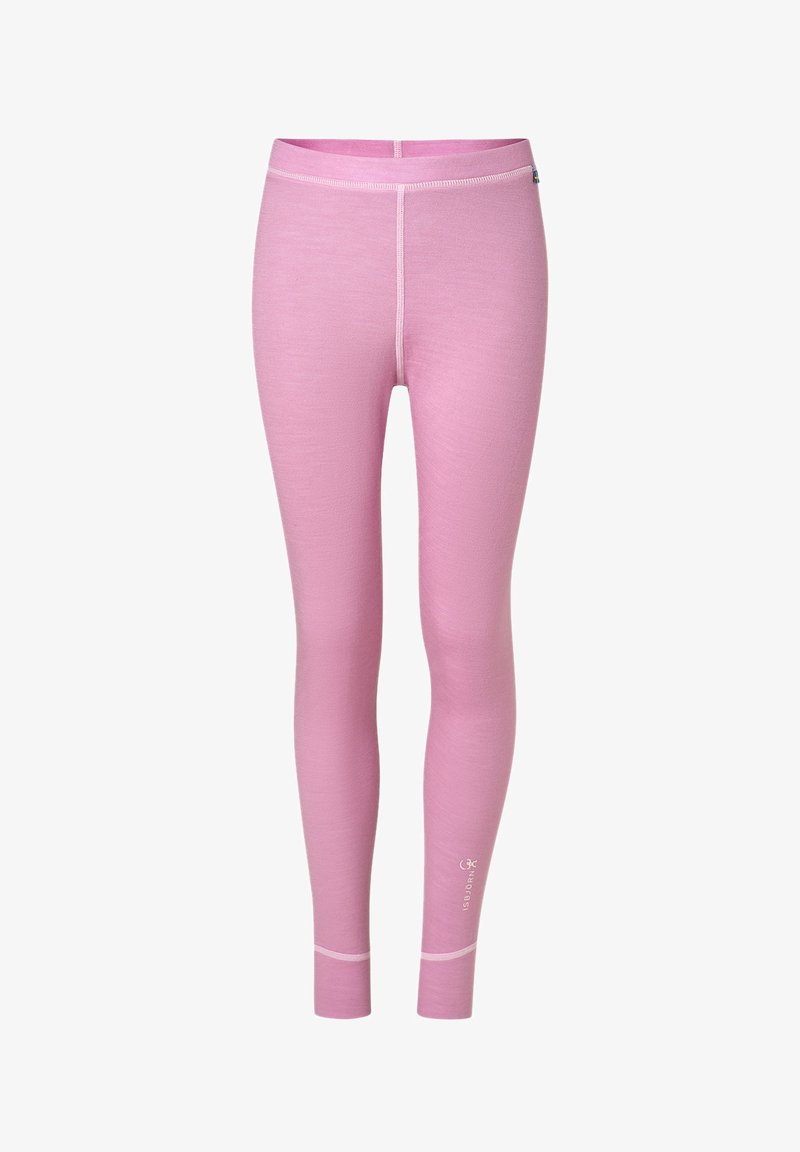 Rosa leggings lavet af et glat, strækbart materiale. Har en bred talje og et tætsiddende design med en kontrasterende sømdetalje.