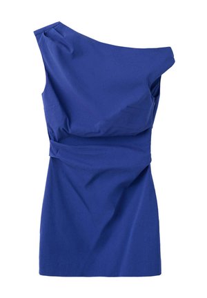 Robe asymétrique sans manches bleu roi avec une taille cintrée et un ourlet court.