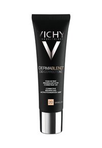 Black tube with glossy silver base and pump. Label features "VICHY," "DERMABLEND," and shade "20 VANILLA" in white and rose gold text.