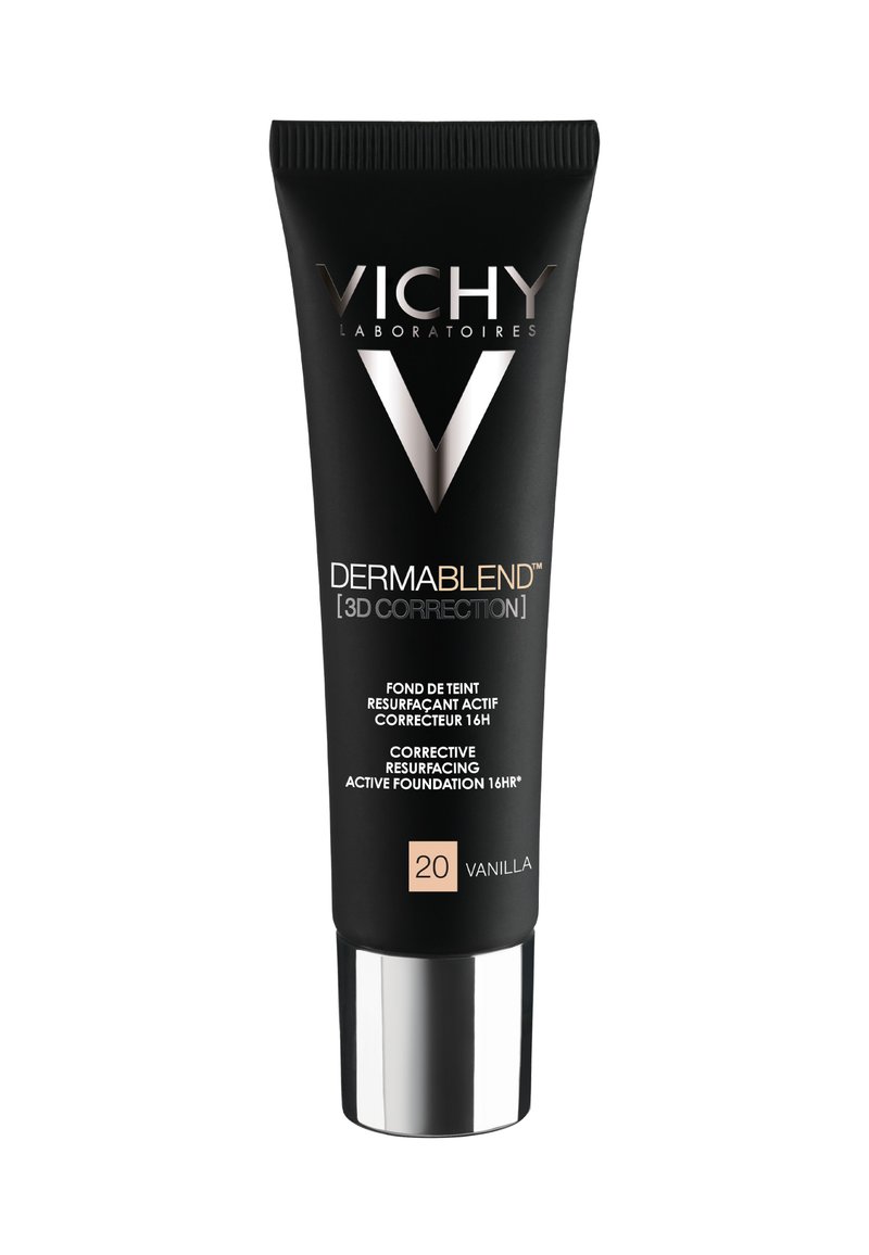 Black tube with glossy silver base and pump. Label features "VICHY," "DERMABLEND," and shade "20 VANILLA" in white and rose gold text.