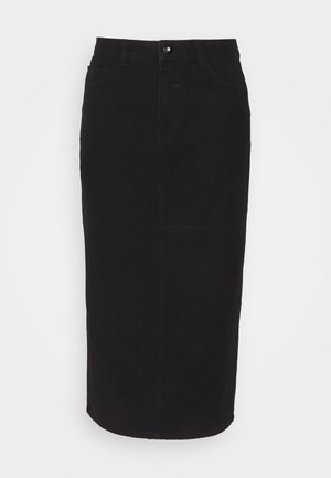 Black denim midi skirt with a straight cut, featuring front pockets, a button closure, and subtle stitching details. Smooth texture.