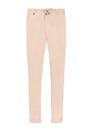 Pantaloni in cotone beige leggeri con vita regolabile, taglio classico, tasche anteriori e orli arrotolati. 
