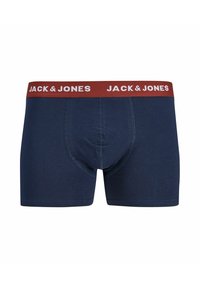 Bawełniane bokserki w kolorze granatowym z bordowym elastycznym paskiem w talii, na którym znajduje się nazwa marki "JACK & JONES" w białym kolorze. Miękki, dopasowany krój.