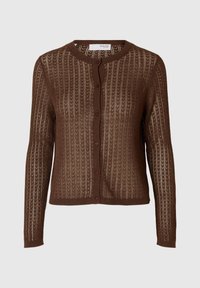 Brun strikket cardigan med et teksturert mønster, rund hals, hellange ermer og knappelukking foran.