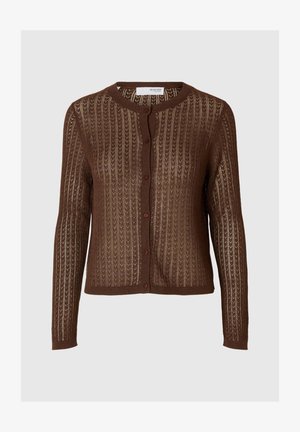 Ruda megzta kardiganas su tekstūru, apvaliu iškirpimu, ilgomis rankovėmis ir mygtukų užsegimu priekyje.