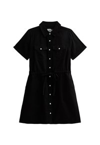 Black short-sleeve dress made of denim, featuring a button front, two chest pockets, and a drawstring waist for adjustment.