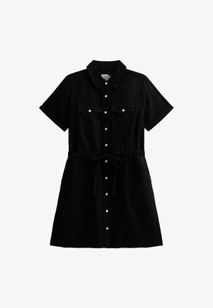 Abito corto nero a maniche corte realizzato in denim, con chiusura a bottoni frontale, due tasche sul petto e una vita con cordino per la regolazione.