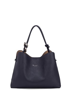 Navy blue textured leather handbag with single strap featuring a silver buckle and small logo text on the front center.