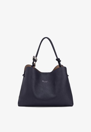 Navy blue textured leather handbag with single strap featuring a silver buckle and small logo text on the front center.