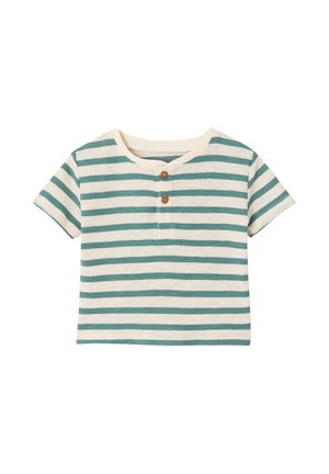 Kurzärmeliges Kleinkindshirt mit grünen und cremefarbenen horizontalen Streifen, rundem Ausschnitt und zwei vorderen Holzknöpfen.