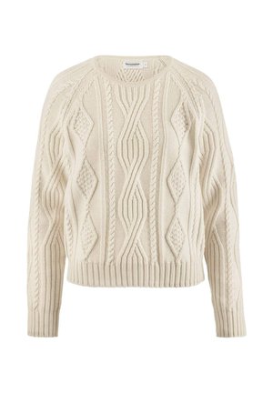 Cremfarbener Strickpullover mit Kabel- und Rautenmuster, Rundhalsausschnitt und geripptem Saum. Verfügt über lange Ärmel und eine strukturierte Oberfläche.
