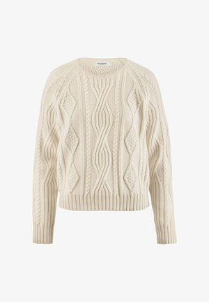 Crème gebreide trui met kabel- en diamantpatronen, ronde halslijn en geribbelde zoom. Beschikt over lange mouwen en een textuurafwerking.