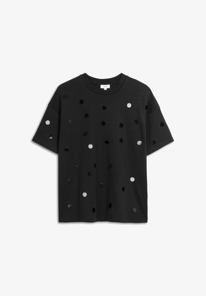 Zwarte korte mouwen T-shirt van katoen, met een patroon van zwarte en metallic zilveren ronde pailletten over de voorkant.