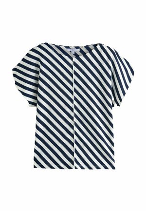 Haut à manches courtes avec rayures diagonales bleu marine et blanches et col rond, fabriqué en tissu texturé.