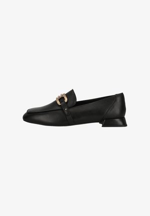 Black leather flat shoe with a textured upper, featuring a decorative gold buckle and a low square heel. Smooth finish with minimalist design.