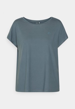 Gładki niebieski bawełniany T-shirt z krótkim rękawem, okrągłym dekoltem i małym subtelnym logo na lewej piersi.