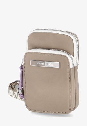 Beige nylon crossbody bag with two zippered compartments, silver hardware, and a patterned strap featuring the brand name.