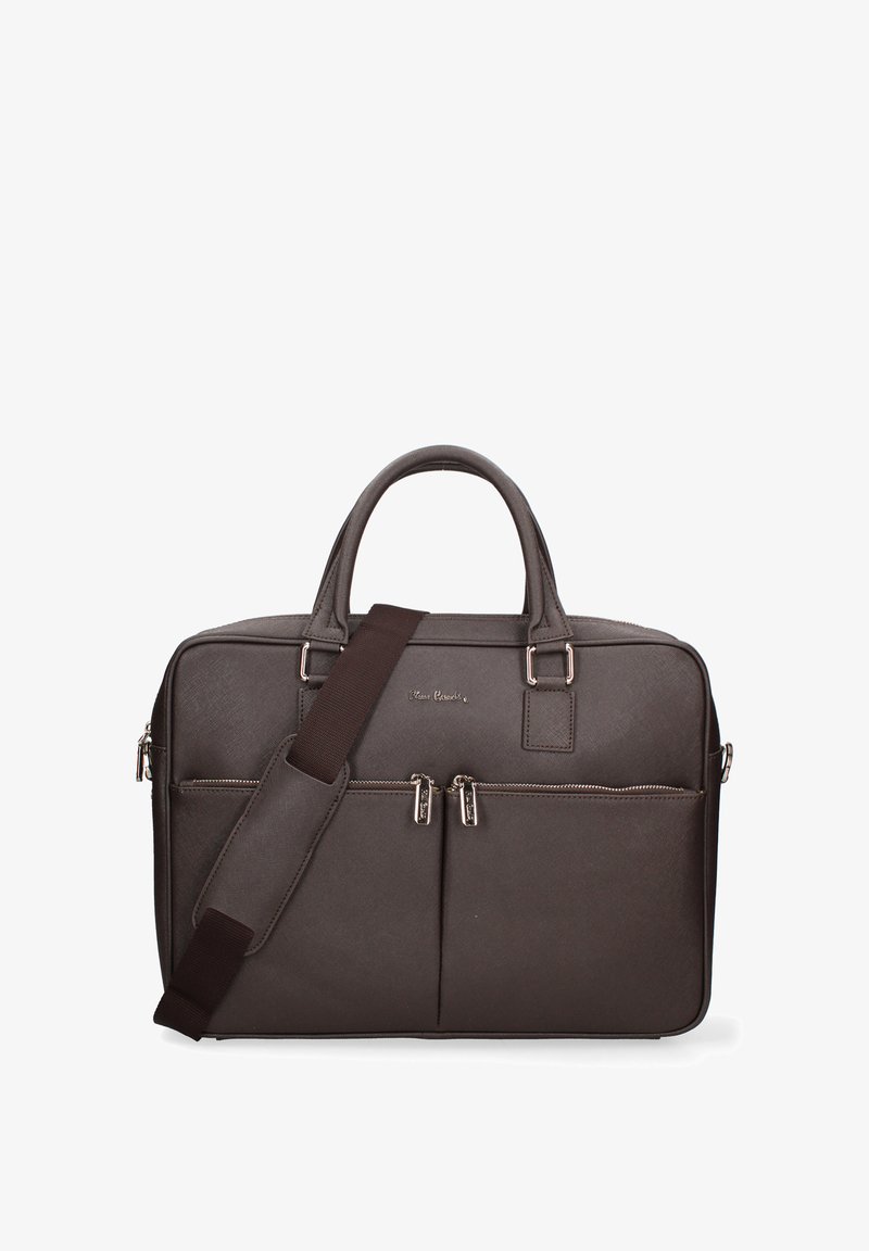 Sacoche en cuir marron foncé avec deux poignées, poches avant zippées et bandoulière réglable placée sur le devant.