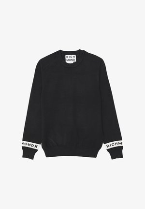 Maglione nero a collo rotondo con testo bianco "RICHMOND" sulle maniche e sull'etichetta del collo, maniche lunghe e orlo e polsini a coste.