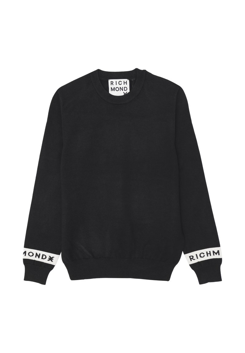 Maglione nero a collo rotondo con testo bianco "RICHMOND" sulle maniche e sull'etichetta del collo, maniche lunghe e orlo e polsini a coste.