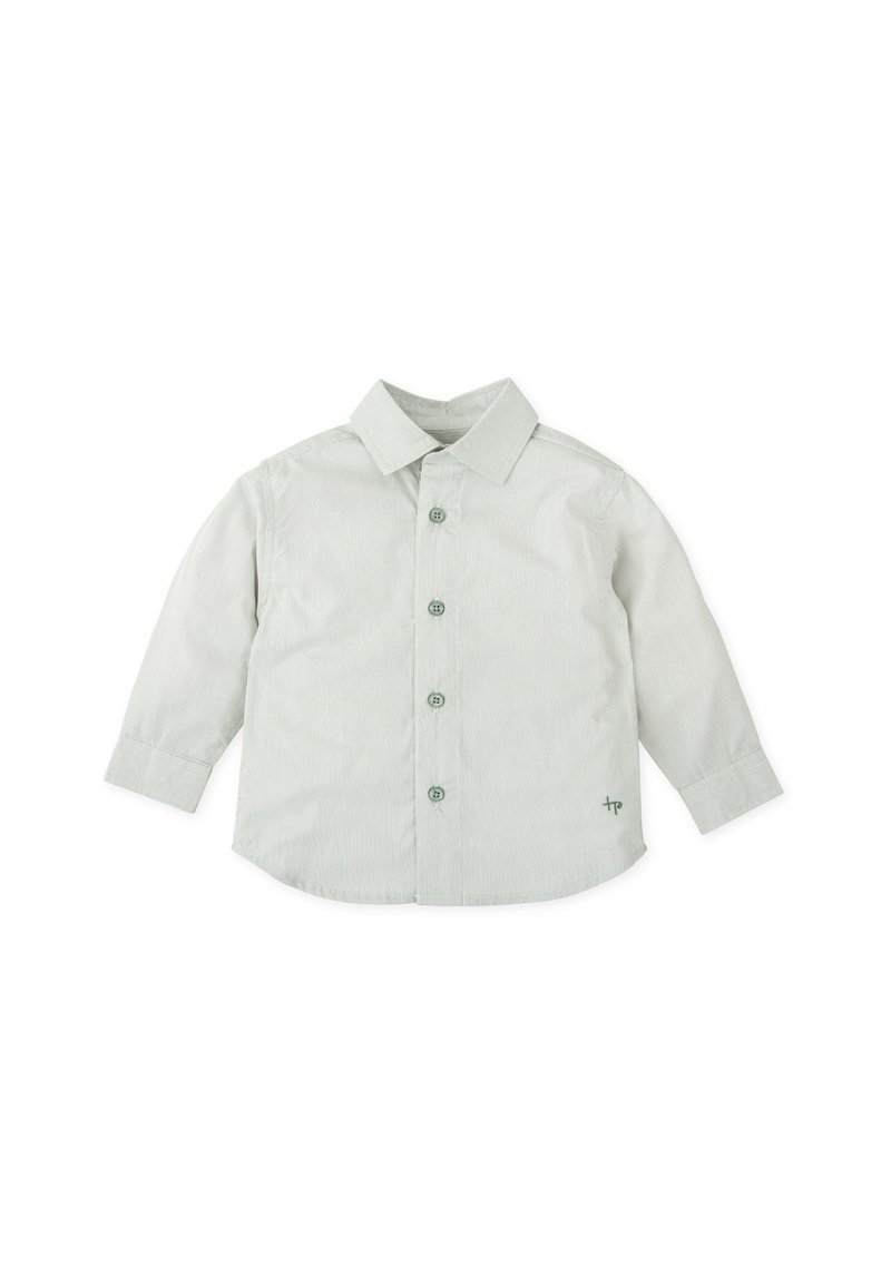 Camisa verde claro de manga larga, hecha de un tejido ligero. Presenta un collar puntiagudo, cierre frontal de botones y un pequeño logo en el lado inferior.