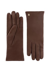 Brown leather gloves with a smooth texture, featuring five fingers and a small logo accent on the wrist area.