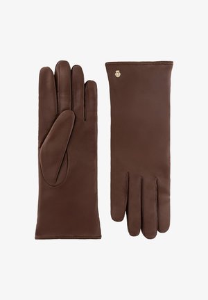 Braune Lederhandschuhe mit glatter Oberfläche, fünf Finger und einem kleinen Logoakzent im Handgelenkbereich.