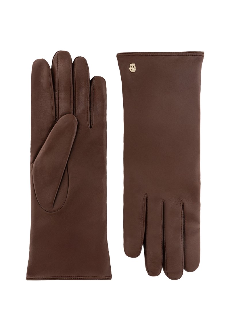 Brown leather gloves with a smooth texture, featuring five fingers and a small logo accent on the wrist area.