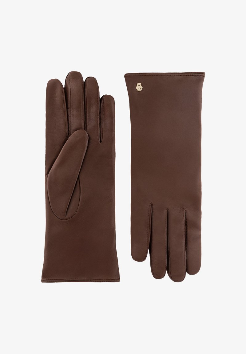 Brown leather gloves with a smooth texture, featuring five fingers and a small logo accent on the wrist area.