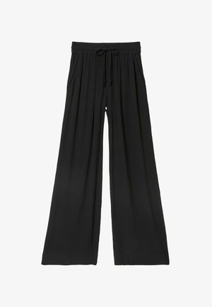 Melnas vaļējas plats legginga bikses no viegla auduma, ar elastīgu jostu un auklu, sānos kabatas. Teksturēta virsma ar krokām.