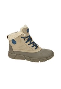 Beige wasserdichte Knöchelstiefel mit einem Kunstfellkragen, blauen Schnürsenkeln und Gummisohle, mit einer strukturierten Oberfläche und hexagonalem Logo-Detail.