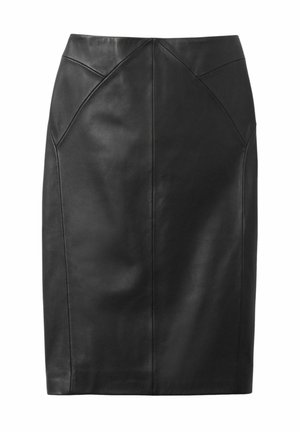Black leather pencil skirt with structured design, featuring angular seams and a smooth texture, knee-length, with a fitted silhouette.