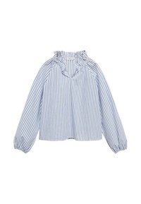 Striped blouse featuring blue and white vertical stripes, a ruffled neckline, and long puffed sleeves with elastic cuffs.
