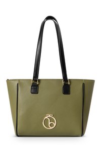 Olijfgroene tote bag met een gestructureerd ontwerp, zwarte faux leren accenten en een gouden logo. Voorzien van twee zwarte handvatten en zijstiksel.