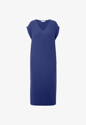 V-udskæring, kortærmet kjole i struktureret dybblå stof, med en løs silhuet der går til knæet. Simpelt og udekoreret design.