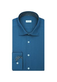 Donkerblauwe shirt met een button-down kraag, voorzien van een gestippeld interieur bij de kraag en manchetten. Inclusief bijpassende blauwe knopen.