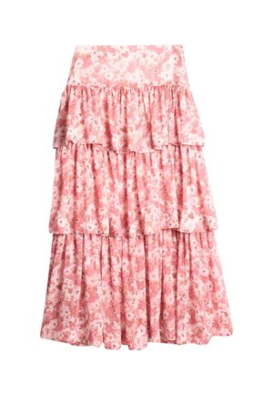 Rosa midi-skjørt i lag med volanger og heldekkende blomstermønster i myke nyanser av rosa og hvitt.
