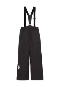 Black snow pants made of durable fabric, featuring adjustable suspenders, a relaxed fit, and a small white logo detail on the left leg.