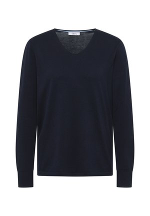 Navyblaue Langarm-V-Ausschnitt-Bluse aus weichem Stoff, mit einem schlichten Design, gerippten Bündchen und einer lockeren Passform.