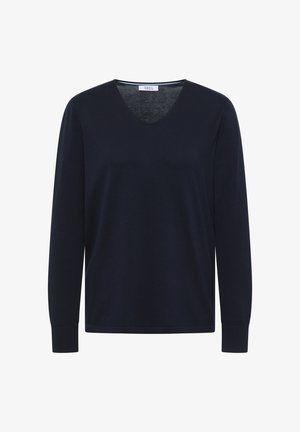 Camiseta de manga larga y cuello en V de color azul marino, hecha de una tela suave, con un diseño limpio que presenta puños acanalados y un ajuste relajado.