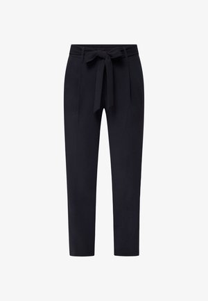 Pantaloni neri realizzati in un tessuto liscio, con dettaglio in vita annodato, due tasche anteriori e design a gamba affusolata.