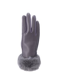 Guanto di pelle viola con cuciture dettagliate e polsino in morbida pelliccia grigia, mostrato con il palmo rivolto verso l'alto.