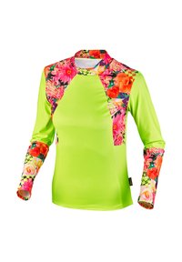 Chemise à manches longues de couleur vert vif avec des manches et un col à motifs floraux. Fabriquée dans un tissu léger et extensible, idéale pour les activités sportives.
