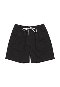 Black swim shorts made of lightweight fabric, featuring an elastic waistband, a white drawstring, and side pockets. Simple and functional design.