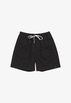 Bañador negro hecho de un tejido ligero, con una cintura elástica, un cordón blanco y bolsillos laterales. Diseño simple y funcional.